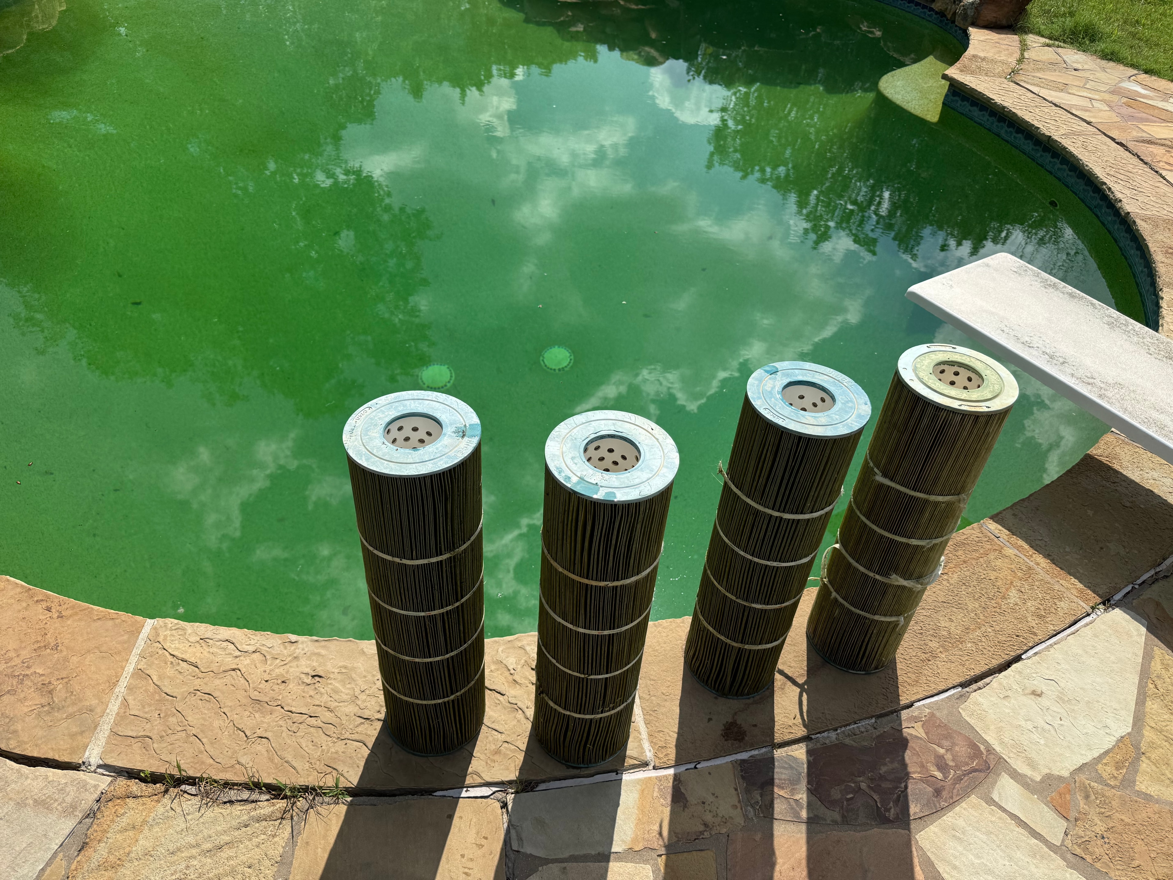 Dirty filter cartridges beside green pool