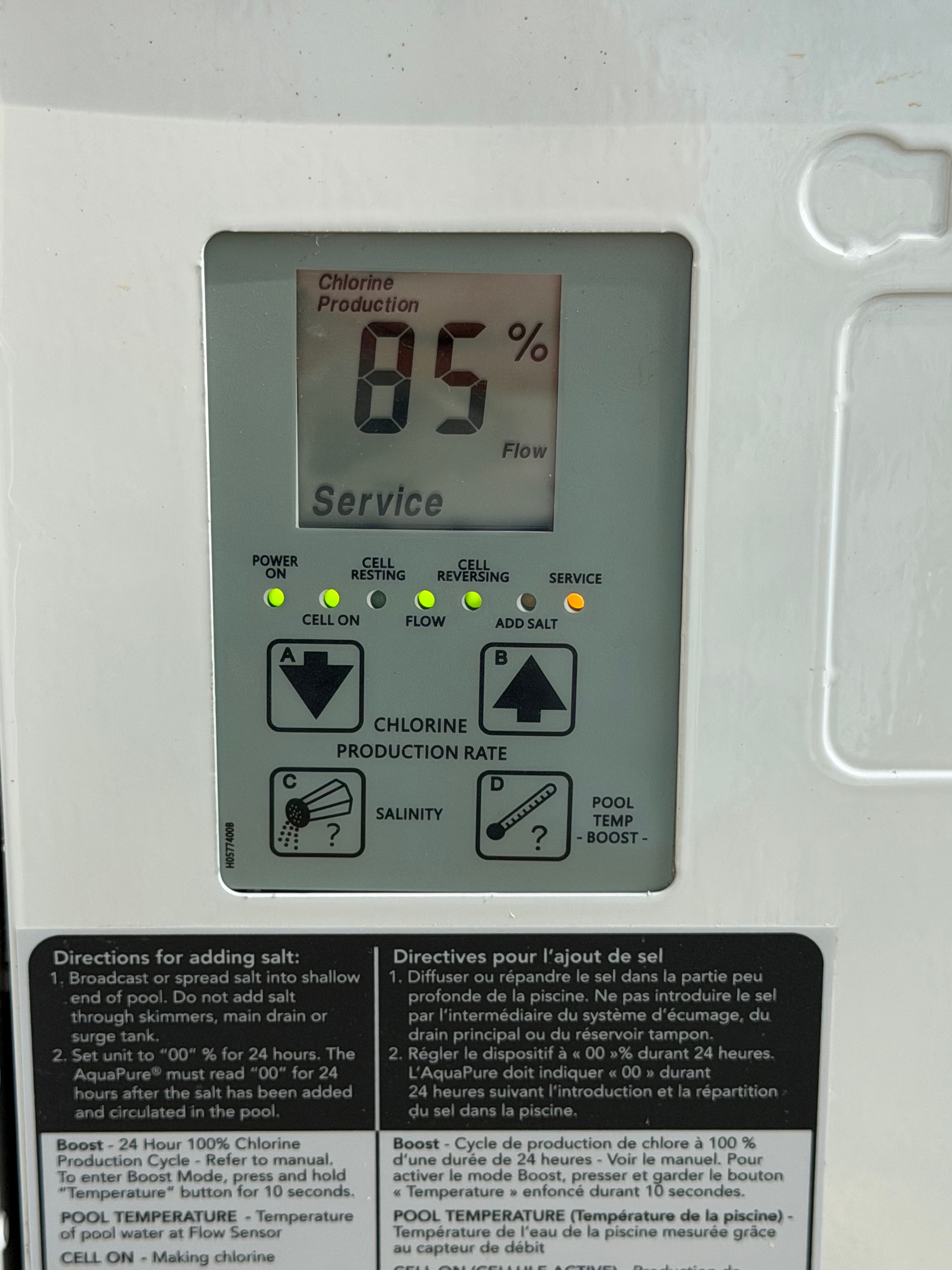 Salt generator control board showing service alert at 5% chlorine production
