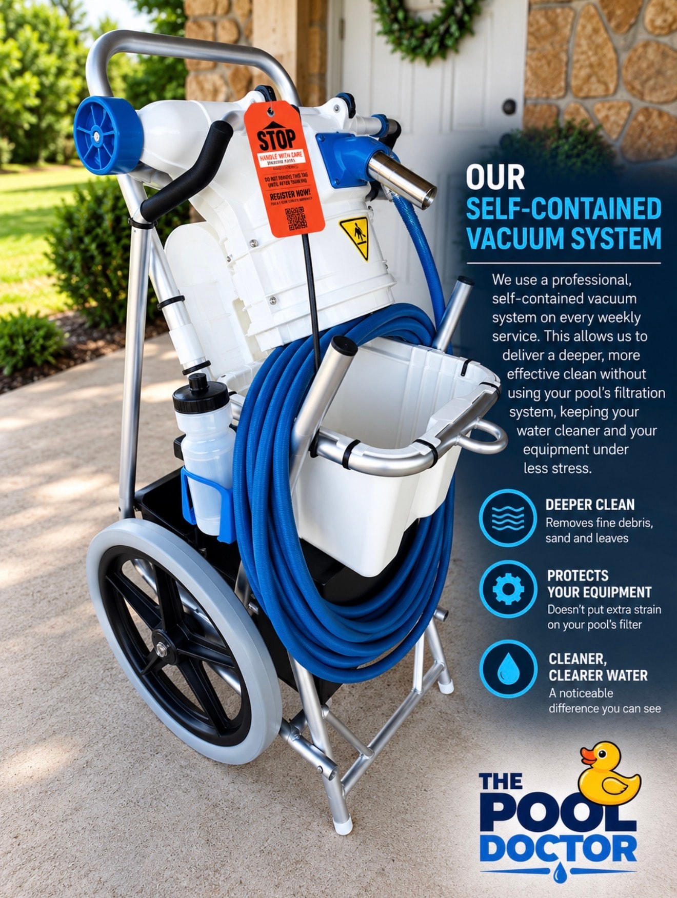 The Pool Doctor's self-contained vacuum system — deeper clean, protects your equipment, cleaner clearer water